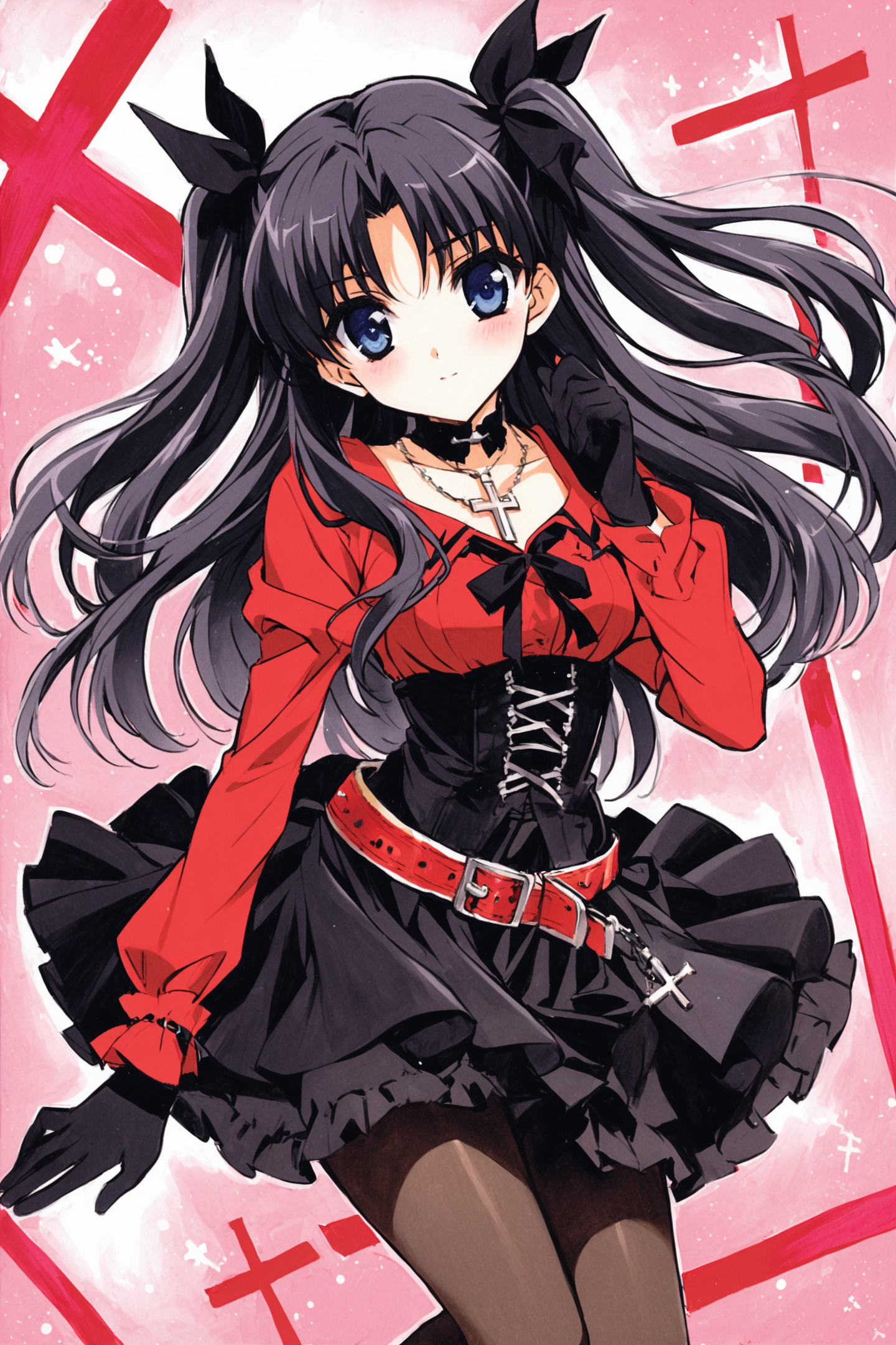 1girl,solo,tohsaka rin,red shirt,cross,long hair,skirt,shirt,white background,gloves,black skirt,necklace,jewelry,simple background,looking at viewer,bow,black hair,bangs,long sleeves,two side up,corset,black gloves,blue eyes,hair bow,ribbon,pantyhose,cross necklace,black pantyhose,latin cross,closed mouth,parted bangs,bowtie,black bow,hair ribbon,red bow,traditional media,<lora:shaa_XL:0.8>,