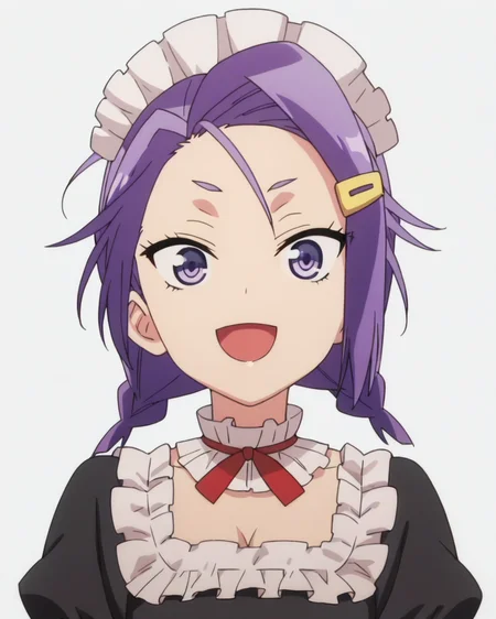 score_9, score_8_up, score_7_up, best quality, masterpiece, anime, anime screencap, anime coloring, looking at viewer, 1girl, solo, upper body, (simple background, solid white background:1.3), <lora:asumi-bokubenPDXL:0.8>, asumi kominami, hairclip, maid, smile, :d, open mouth