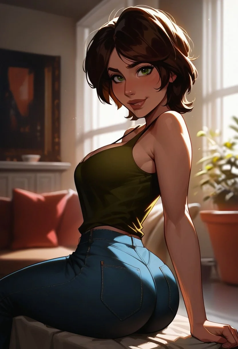 score_9, score_8_up, score_7_up, score_6_up, 1girl, solo, source_cartoon, source_western, dramatic, cinematic, raw, photo, focus macro shot, bokeh effect, bashful blash, depth of field, cass, Aunt Cass Hamada, milf, adorable woman, sexy, brown hair, short hair, green eyes, medium breasts, green sleeveless shirt, cleavage, jeans, looking viewer, smiling, living room, garden with swimming pool, looking back at viewer, ass, ass focus