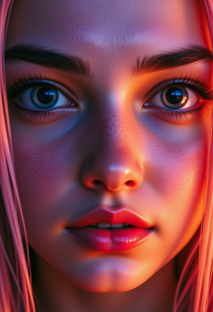 ultra realistic extremely detailed POV shot: staring into the huge otherworldly eyes of an alluring raver girl with long hair. Glitter eyeshadow and winged eyeliner frame her huge expressive eyes with dilated pupils and long eyelashes, ((euphoria makeup)). She gazes toward the viewer and smiles, her plump lips curling upward into a smile, her expression exuding unbridled lust and ecstasy. The neon light bathes her pale white skin in a gentle neon glow, accentuating her lithe slender body with small breasts.The image conveys a sense of sensuality and desire. aidmafluxpro1.1
