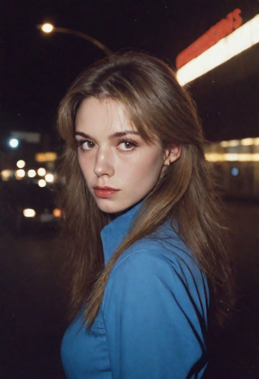 Analogic Portrait Photo a portrait,80s, and hyperdetailed photography, a woman 21-25 years old in street of city,night time,  dark blonde hair, suspiria, hiperdetailed 80s clothes and hair,  makeup 80s,  background,squat pose,yearbook shot, perfil