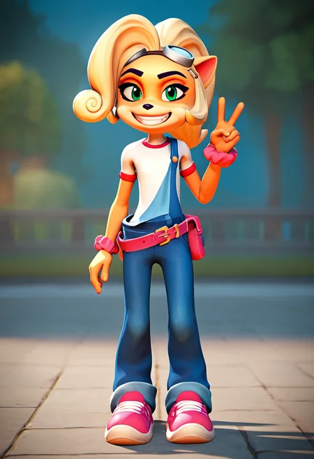 PonyXLV6_Scores,source_anime,masterpiece,best quality, highly detailed, perfect anatomy,amazing quality,3d,
BREAK
<lora:coco:0.8>coco, overalls, smile, solo, 1girl, teeth, grin, happy, goggles, shirt, green eyes, v, shoes, full body, furry, looking at viewer, white shirt, animal ears, blue overalls, hand up, pink footwear, flat chest, furry female, short sleeves, blue background, standing, eyewear on head, belt, blonde hair, goggles on head, pouch, ponytail, wrist scrunchie, artist name, blurry background, scrunchie, sneakers, red footwear, body fur, makeup, animal nose, blurry
