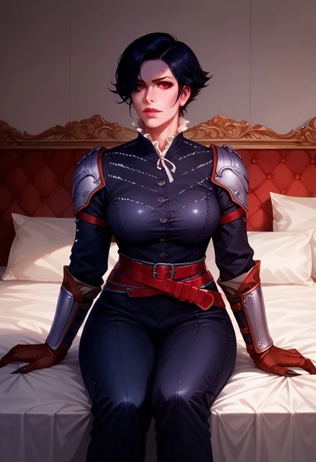 score_9, score_8_up, score_7_up, source_western, sylvia anna, syanna, sitted at palace couch, silver shoulder armor, silver gauntlet, opened black suits, with massive large breasts exposed, massive boobs bursting out, ((black short hair)), parted hair style, combed hair, (strong Jawline), closed mouth, pale wide lips, vampire, beautymark, multiple belts, gloves, bracer, sitting, looking at viewer, frills, red eyes. Comics art style, Castlevania art style, realistic.