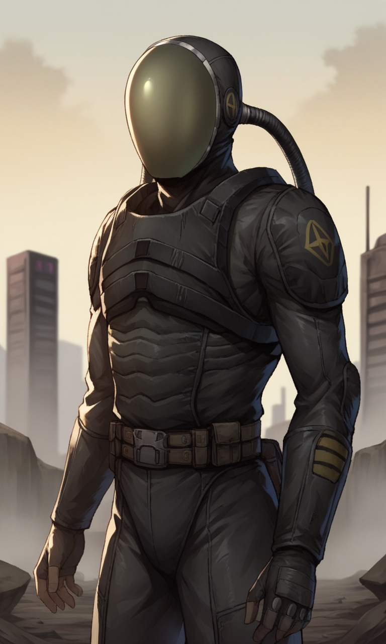 anime artwork score_9, score_8_up, score_7_up, score_6_up, BREAK source_anime, soft lineart, 1boy, glavakolhoza_sevasuit, sci-fi suit, helmet, standing, relaxed pose, post-apocalyptic landscape, post-apocalyptic city, <lora:glavakolhoza_sevasuit:0.7>, upper body . anime style, key visual, vibrant, studio anime,  highly detailed
