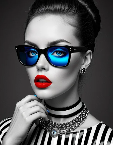 helios2,A captivating and avant-garde portrait of a woman with striking features. Her bold red lips contrast against her pale complexion, and her sharp blue eyes are accentuated by reflective sunglasses with blue lenses. The black and white diagonal stripes that adorn her face add an artistic, edgy touch. The dark background with a hint of blue creates an intriguing contrast and emphasizes the vibrant colors of her accessories, including a statement necklace and eye-catching earrings. The overall composition is a striking blend of contrasts and bold elements., painting, fashion
 <lora:helios2:1>