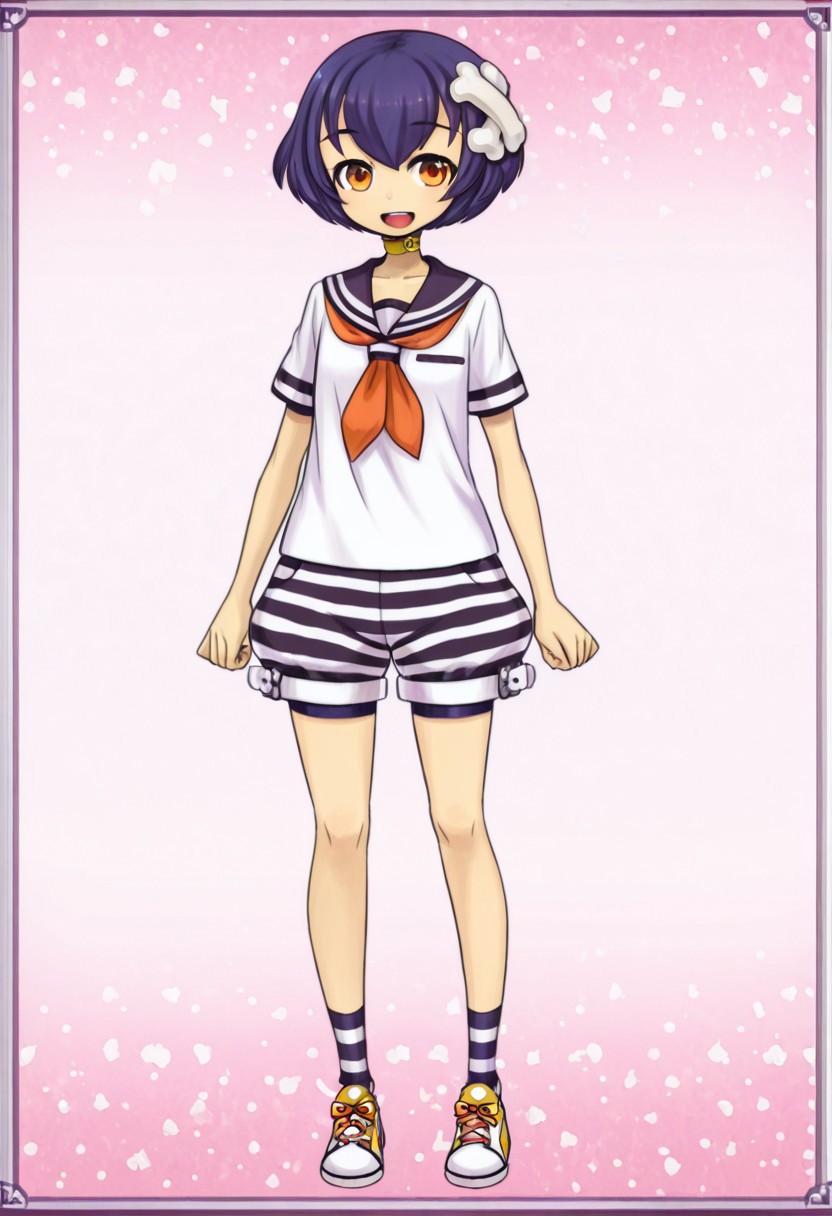 zPDXLx, mur4k4mi-ip,anime screencap, anime art style, criminal girls 2, mizuki (criminal girls), purple hair, mizuki kurushima, 1girl, solo, short hair, striped, shoes, hair ornament, flat chest, open mouth, bone hair ornament, smile, orange eyes, school uniform, uniform, (pants:1), small body, cute gir, short stature,short shorts