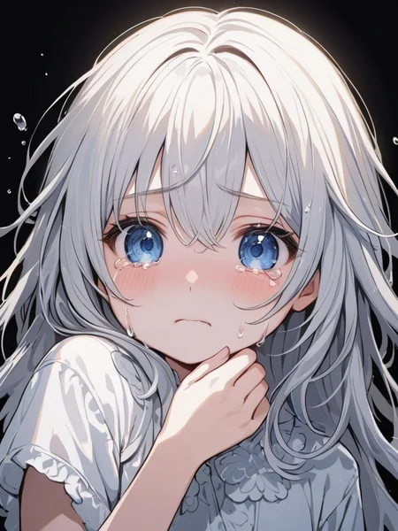 masterpiece,ultra-detailed,best quality,8K,illustration,cute face,clean skin ,shiny hair,girl,ultra-detailed-eyes,simple background, <lora:add-detail-xl:1> <lora:tears_XL_V1.0:0.6> tears,crying,upper body