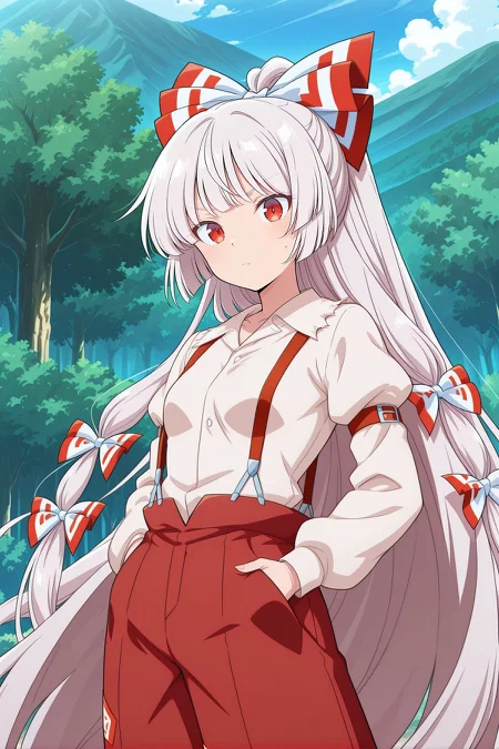 absurdres, highres, masterpiece, best quality, amazing quality, official anime artwork, screencap, anime screencap, outdoors, looking at viewer, 
 <lora:Fujiwara-no-Mokou_IllustriousV2:1> fujiwara no mokou, 1girl, solo, red eyes, white hair, very long hair, small breasts,, hair bow, white bow, white shirt,  long sleeves, suspenders, red pants,