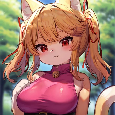 Solo, 1girl, female, himeka-chan, adult, large body, furry female, blonde hair, red eyes, body fur, animal ear fluff, long hair, cat girl, cat ears, cat tail, twintails, bangs, hair ribbon, large breast, animal hands, thighs, cute face, perfect anatomy, detailed skin, detailed eyes,  perfect hands, perfect face, smile, BREAK pink dress, sleeveless dress, shoes, BREAK standing, outdoors, park, colorful, sunset, looking at viewer, portrait, ((focus face)), ((close-up)), BREAK ((ultra-detailed)), ((best quality)), ((best quality)), ((beautiful eyes)), ((extremely detailed)), 4K, (8K), best quality, (beautiful), Master piece, highres, score_9, score_8_up, score_7_up, score_6_up, score_5_up, score_4_up, colorful, best quality, official art, highres, masterpiece, nai3, god light, detailed background, high quality background,