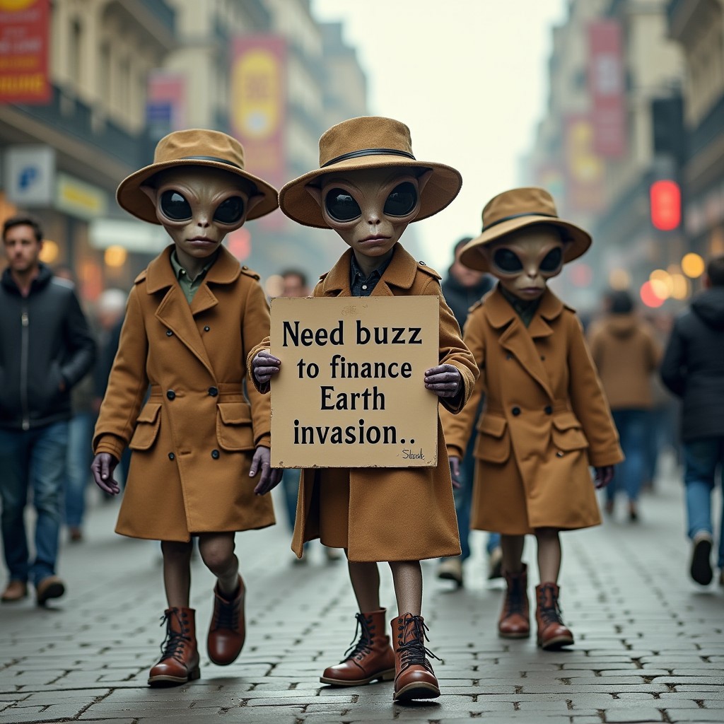 a group of funny looking tall aliens dressed like human with hats and sunglasses walking on the streets,((aliens holding a sign with the text "Need buzz to finance Earth invasion" ))
BREAK
Streets crowded with human people
BREAK
((View from side))