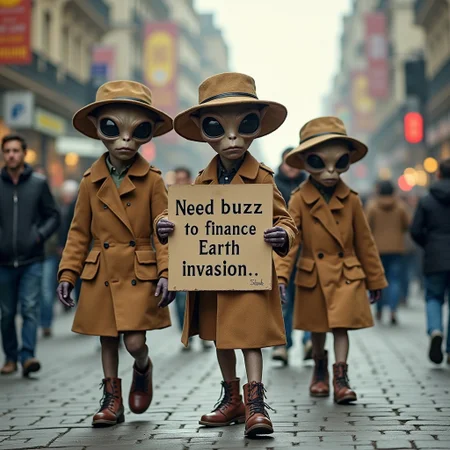 a group of funny looking tall aliens dressed like human with hats and sunglasses walking on the streets,((aliens holding a sign with the text "Need buzz to finance Earth invasion" ))
BREAK
Streets crowded with human people
BREAK
((View from side))