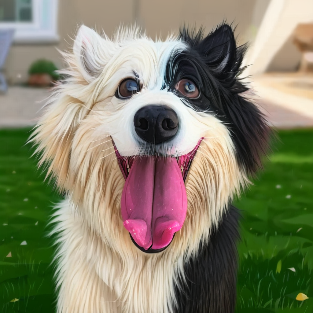 a happy white and black fluffy dog with a pink tongue out, smiling, backyard with lawn in the background, caricature, albeniz rodriguez style <lora:albeniz-rodriguez-style-v2:0.75>