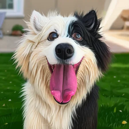 a happy white and black fluffy dog with a pink tongue out, smiling, backyard with lawn in the background, caricature, albeniz rodriguez style <lora:albeniz-rodriguez-style-v2:0.75>