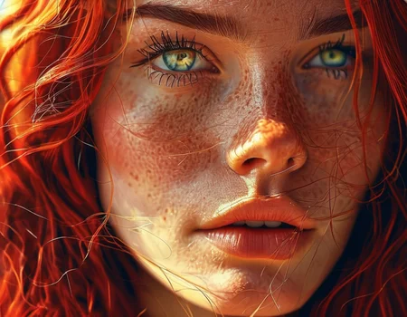Young woman with long dark red hair and rainbow eyes and beige freckles on nose and cheeks, highly detailed, fantasy, stunningly beautiful, realistic digital art, burning background, intricate, elegant, sharp focus, dynamic light, epic composition, joyful, fantastic, ambient, fine detail, professional, extremely expressive, colorful, color, illuminated, rich colors, surreal <lora:MJ52:0.7>