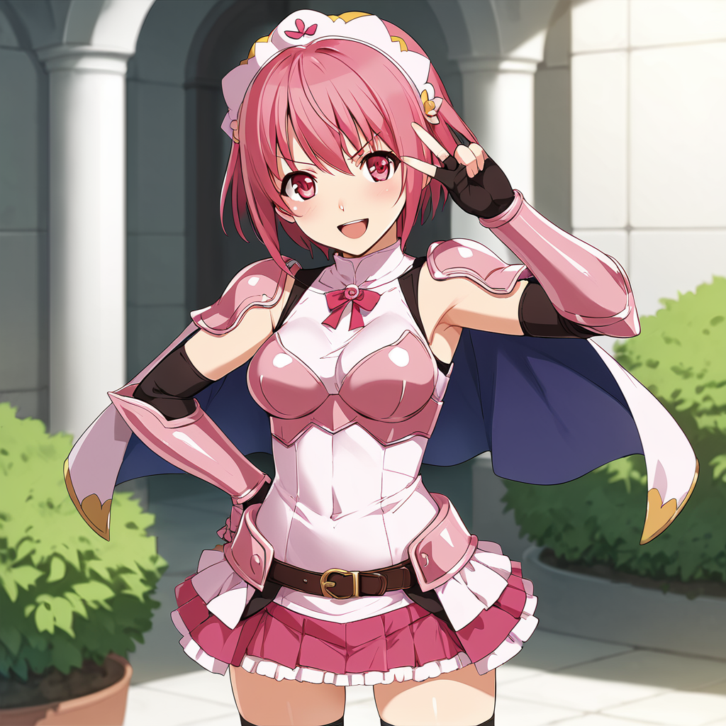 score_9, score_8_up, score_7_up, BREAK source_anime, rating_explicit, best quality, masterpiece, uncensored, 1girl,  <lora:cinderella_blade_pony:0.8> cinderella_blade, 1girl, skirt, thighhighs, gloves, elbow gloves, armor, shoulder armor, black thighhighs, pauldrons, pink skirt, zettai ryouiki,pink armored dress, frills, capelet, gauntlets,head ornament,pink hair,short hair,pink eyes,pink dress,smile,v-shaped eyebrows,standing in garden,(v_over_eye),front view,one hand on waist