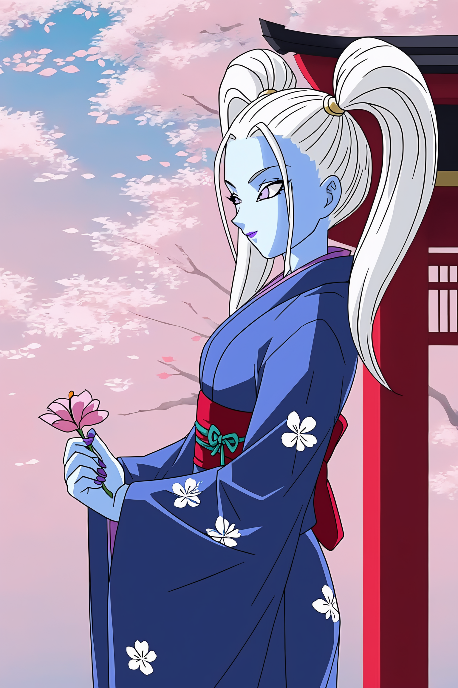 source_anime, score_9, score_8_up, score_7_up, anime screencap, absurdres,
marcarita, long hair, twintails, purple eyes, white hair, colored skin, blue skin, 
1girl, solo, 
 flower, white hair, japanese clothes, nail polish, sash,  obi, blue kimono, from side, looking at another, neck ring, temple, cherry blossoms, dappled sunlight, 
 <lora:Angels_v1:0.8>