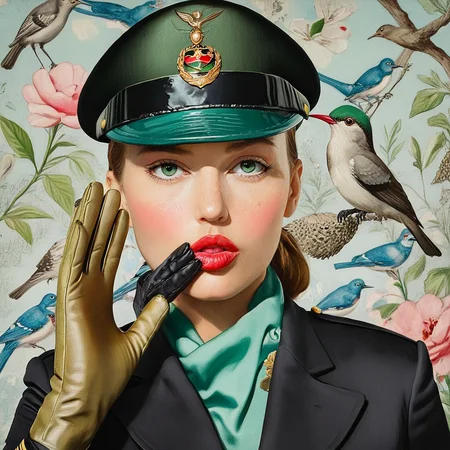 <lora:Aquamarine_PinupSDXL:1> hat, 1girl, gloves, solo, bird, flower, traditional media, makeup, uniform, lipstick, The image is a portrait of a woman wearing a green military cap with a gold emblem on it. The cap has a black visor and a black band around the crown. The woman is wearing a black blazer and a green scarf around her neck. She has red lipstick on her lips and is holding her hand up to her face as if she is whispering something. The background is a floral pattern with blue and pink flowers and birds. The overall style of the image is vintage and elegant.