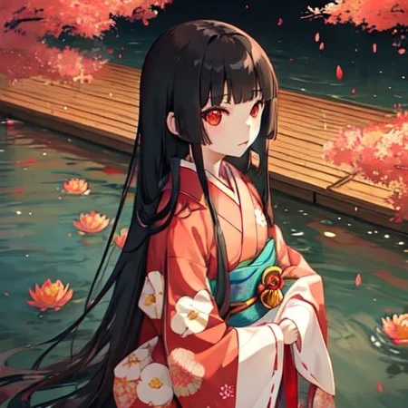 enma_ai 1girl, solo, hair down, hair black, bangs hair, eyes red, kimono, underlayer kimono, ornamental hairpun, obi sas, night, village, (masterpiece), 1girl, living in a floating house, pond, flowers on pond, beautiful scenery <lora:iori1:1>