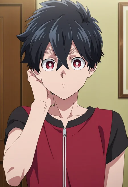 masterpiece, best quality, , anime screencap, anime coloring, official style, looking at viewer, 1boy, solo, male focus, <lora:kabane_kusaka_ilxl:0.94>, kabane_kusaka, black hair, red eyes, short hair, hair between eyes, kusaka kabane, , hand on cheek, tilted head, confused expression, casual pose, soft ambient light,