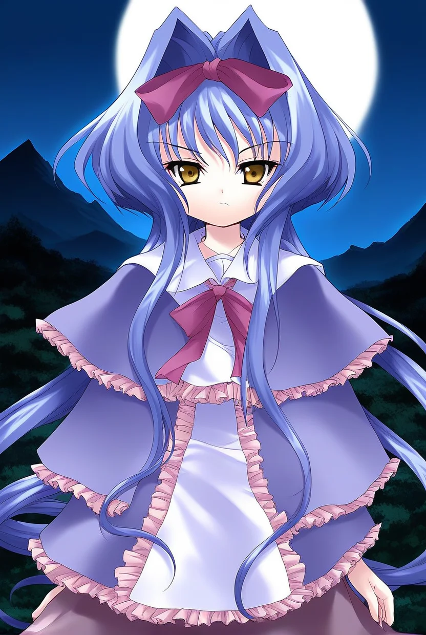 score_9, score_8_up, score_7_up, source_anime, rating_explicit, BREAK <lora:Shion_IES_Ver2.0_XL:1> Shion_IES, very long hair, blue hair, hair bow, hair intakes, brown eyes, short stack,
solo, bow, upper body, capelet, frills, yellow eyes, hair ribbon, looking at viewer,
serious face,
full moon, night, scenery, sky, outdoors, night sky, mountain, nature