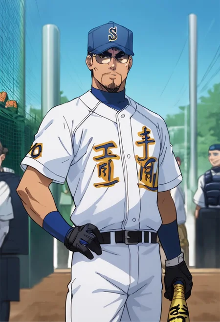 score_9, score_8_up, score_7_up, score_6_up, source_anime, BREAK, 1man, solo, (( <lora:kataoka_tesshin:1> , kataoka_tesshin, piercing dark brown eyes, clear eyes, strict eyes, strong muscular toned body, manly, strong male, alfa male, light tanned skin, short brown hair, hair gelled back, short brown circle beard, chad male, charismatic male, )) , ((very cool brown-lens sunglasses, seidou-baseball uniform, seidou-baseball jersey, white baseball shirt with yellow edged blue "青道" logo, blue innerwear shirt, white baseball pants with black belt, blue baseball cap with yellow edged red "S" logo, )) , black gloves, baseball bat, masterpiece, best quality, male focus, holding baseball bat, outdoor,