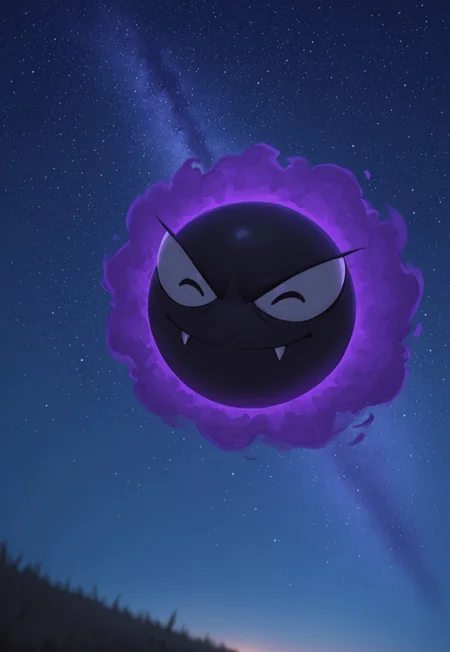 masterpiece, best quality, amazing quality, very aesthetic, absurdres, dynamic angle, ultra-detailed, highly detailed, cinematic lighting, realistic shading, intricate details, soft lighting, high contrast, depth of field, perspective, full body, outdoors, PKMN_Gastly, starry sky, closed eyes, closed mouth, fangs out, smile, from below, flying, from side