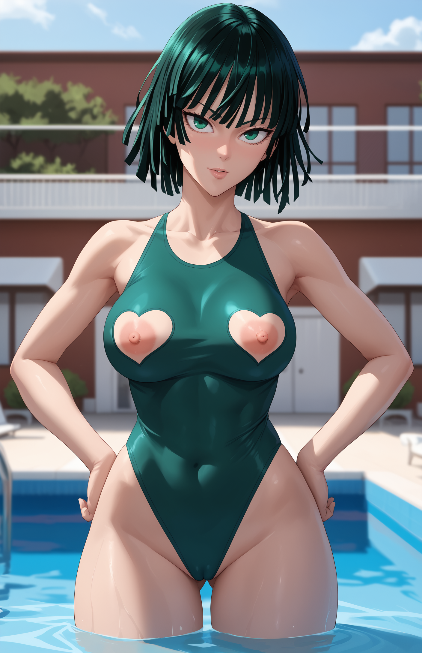 score_9, score_7_up, 1girl, nipple cutout, one-piece swimsuit, fubuki \(one-punch man\), hands on own hips, pool, heart cutout,   <lora:Nipple cutout PXL 2-000009:1>