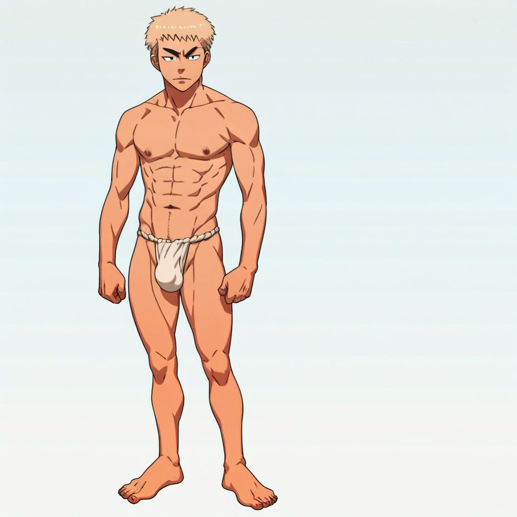 Kanemaru Shinji, 1boy, male focus, solo, blonde hair, black eye, fundoshi, topless male, Large Bulge, fundoshi,  score_9, score_8_up, score_7_up, score_6_up <lora:vinceteaa_020_04v2-step00000400r:1> good face, good eyes, looking at viewer, full body, standing,
