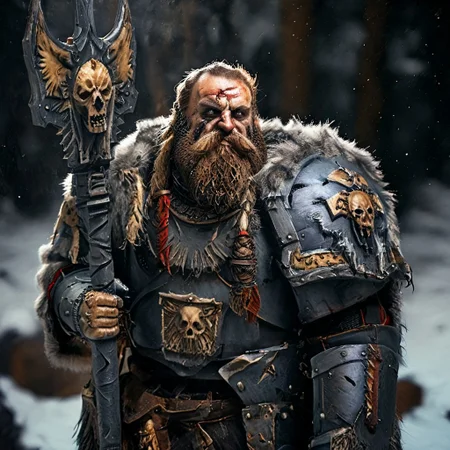 Space wolf warrior, wolf priest, chaplain, skull helmet, wolf skull helmet, warrior with beard is in winter landscape, he is a werewolf space marine,  he as heavy scars, he has his huge runic mace in his hands, portrait style, viking, norse, beard, clad in ripped furs and pieces of old worn space wolf armor, Black over black, top light, masterful painting in the style of Anders Zorn | Marco Mazzoni | Yuri Ivanovich, Todd McFarlane, oil on canvas
<lora:add-detail-xl:1> <lora:MJ52:0.5>