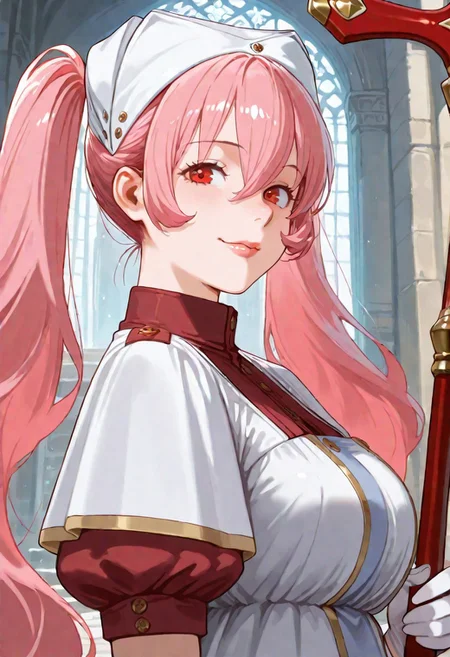 G0thicL1nes masterpiece, best quality, amazing quality, good quality,
heith velvet, long hair, pink hair, twintails, hair between eyes, red eyes, kind eyes, soft lips, luscious lips, lip gloss, gently smile, medium breasts, puffy sleeves, short sleeves, white gloves, 1girl, holding staff, looking at viewer, large breasts, dress, hat, indoor, temple,