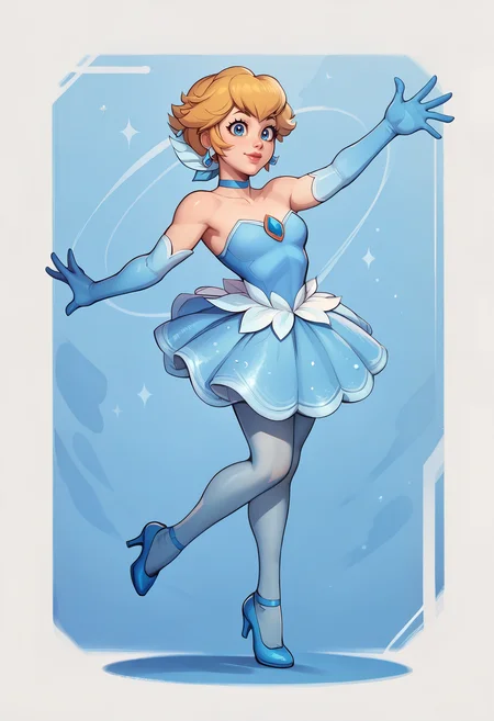 score_9, score_8_up, score_7_up, score_6_up BREAK solo,abstract background,IncrsPchSkater, short hair, pantyhose, elbow gloves, bare shoulders, choker, ballerina, blue gloves, blue dress, ballet, blue choker, tutu, strapless dress, high heels, jewelry, earrings, pose, happy <lora:PrincessPeach_XLPD:1>