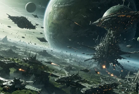 Imagine a massive intergalactic space battle, with spaceships of varying sizes. The battle takes place above a strange green planet covered in mechanical cities.