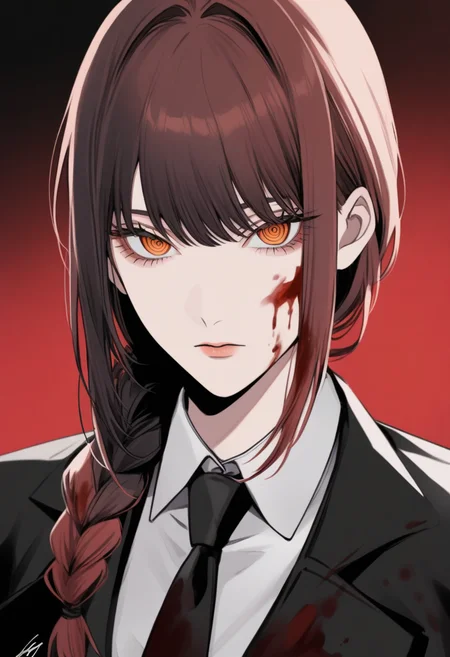 1girl,makima(chainsaw_man),aged_up,black_hair,black_necktie,black_suit,blood,blood_in_hair,blood_on_clothes,blood_on_face,braid,cosplay,expressionless,eyebrows_hidden_by_hair,hair_over_shoulder,makima_(chainsaw_man)_(cosplay),necktie,orange_eyes,portrait,ringed_eyes,signature,single_braid,solo,suit,<lora:makima (chainsaw man) xl:0.7>,