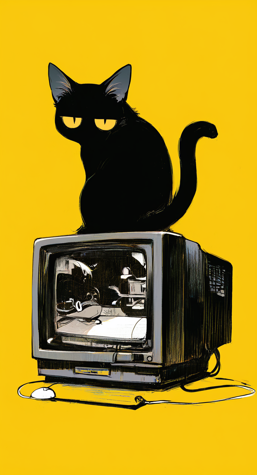 masterpiece, best quality, good quality, very awa, very aesthetic, absurdres, newest, solo, jitome, big eyes, looking at viewer, simple background, sitting, full body, yellow eyes, monochrome, looking back, no humans, animal, cat, yellow background, colored sclera, CRT, computer mouse, animal focus, black cat, no mouth, yellow sclera, yellow theme,Head tilt, Background Segmentation,Dutch Angle <lora:ponyv6_noobV1_2_adamW-000017:0.7> <lora:USNR_STYLE_XL_lokr:0.45> <lora:mengxuanliart:0.65>