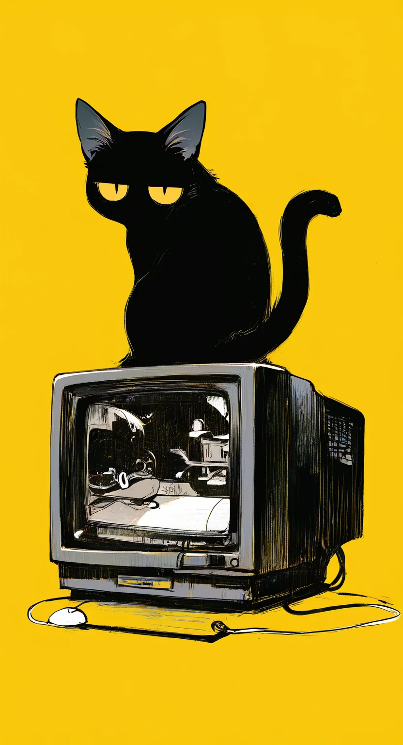 masterpiece, best quality, good quality, very awa, very aesthetic, absurdres, newest, solo, jitome, big eyes, looking at viewer, simple background, sitting, full body, yellow eyes, monochrome, looking back, no humans, animal, cat, yellow background, colored sclera, CRT, computer mouse, animal focus, black cat, no mouth, yellow sclera, yellow theme,Head tilt, Background Segmentation,Dutch Angle <lora:ponyv6_noobV1_2_adamW-000017:0.7> <lora:USNR_STYLE_XL_lokr:0.45> <lora:mengxuanliart:0.65>