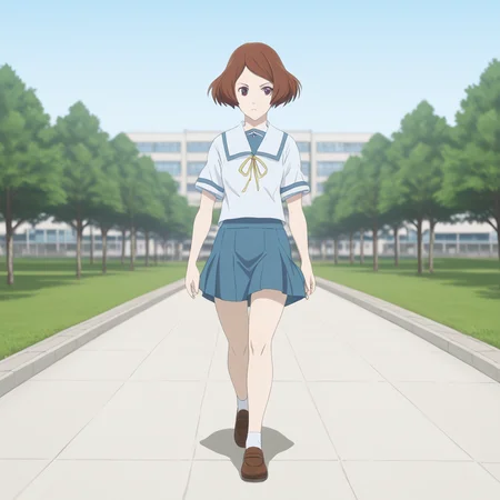 <lora:AfrobullLycoXL:1> <lora:Misora_Haruki_-_Sakurada_Reset:1>school uniform, kitauji high school uniform,Misora,skirt,walking,outside,front view