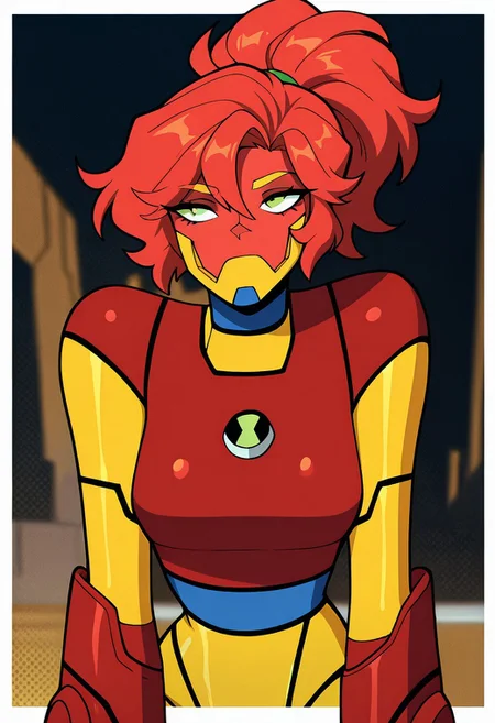 masterpiece, best quality, amazing quality, very aesthetic, absurdres, newest,, detailed background, 
 movie scene, cinematic scene, cinematic, foreground blur, depth of field, 
bloxx, robot, mecha, solo, armor, green eyes,, massive arms, upper body, 1girl, big head, massive head, short legs, yellow jaw, red face, yellow eyebrows, 
 upper body, halftone effect, white borders, abstract background:1.2, simple background
busty, curvy, sexy pose, seductive pose, naught pose, welith,
 red hair, colored bangs,