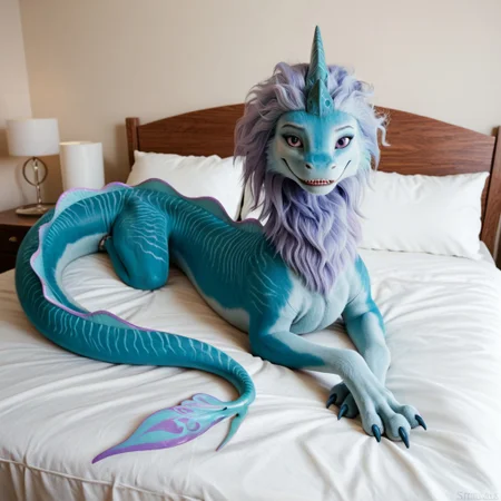 core_9, score_8_up, score_7_up, score_6_up, masterpiece, high quality, realistic, detailed, best quality, 1girl, solo, rating_safe, source_furry, bedroom, smiling, seductive, looking at viewer, on bed, negative_hand, full body, feral, sisu_ratld, dragon, tail, claws, double horns, blueish purple hair, blue fur, back dorsal fins, purple eyes, female, 1girl, feral, long body, full body