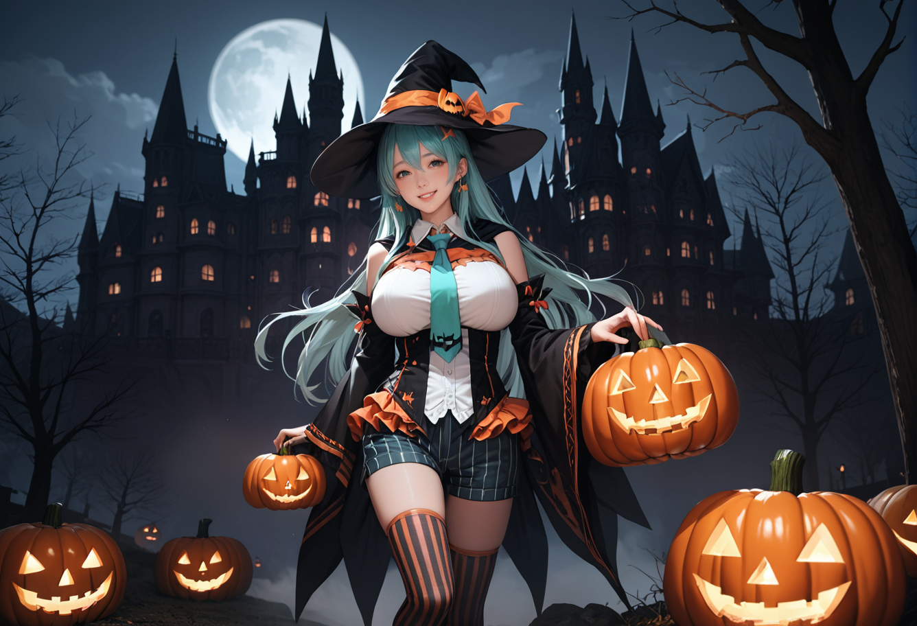 ,ruanyi1063,bare tree,castle,fog,night,dark,moon,
1girl,flying witch,jack-o'-lantern,bat \(animal\),,ruanyi1053,aqua necktie,cape,detached sleeves,frills,halloween costume,jack-o'-lantern,vertical-striped thighhighs,vertical-striped shorts,wide sleeves,<lora:1063 castle_v1_pony:0.7>,<lora:1053 halloween costume_v1_pony:0.7>, score_9, score_8_up, score_7_up, score_6_up, score_9, score_8_up, score_7_up, score_6_up source_anime, blush, 1girl, seduce smile, perfect body , natural huge breasts