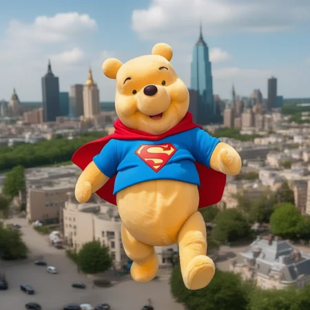 cinematic photo a liveaction fat winnie the pooh wears a superman outfit, fly through the air over a city<lora:Winnie1024:0.8> . 35mm photograph, film, bokeh, professional, 4k, highly detailed