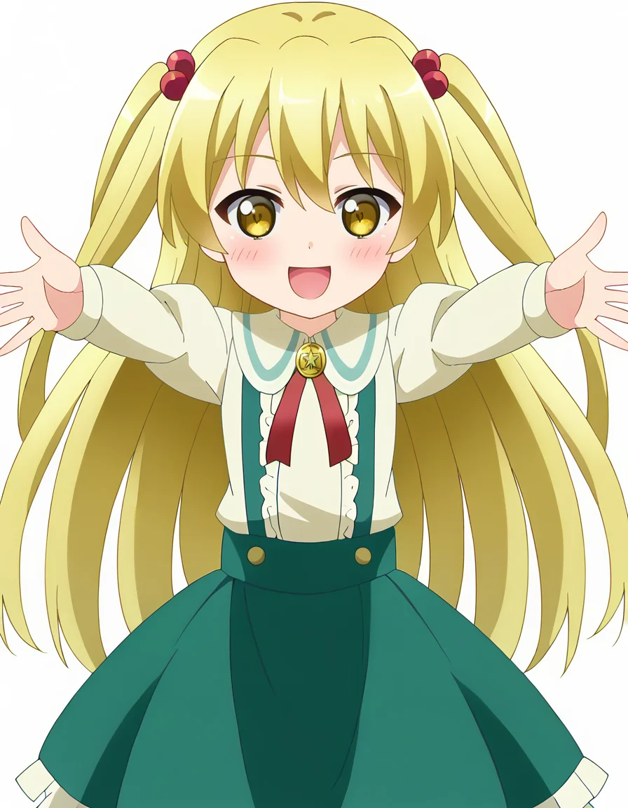 colorful, 1girl, solo, happy, <lora:Himeki:1>, Himeki, blond hair, long hair, twin tail, golden eyes, school uniform, collared shirt, neck ribbon, gold brooch, suspender, green skirt, long sleeves, puffy sleeves, frills, <lora:Incoming_Hug_Pony:1>, Incoming_Hug_Pony, blush