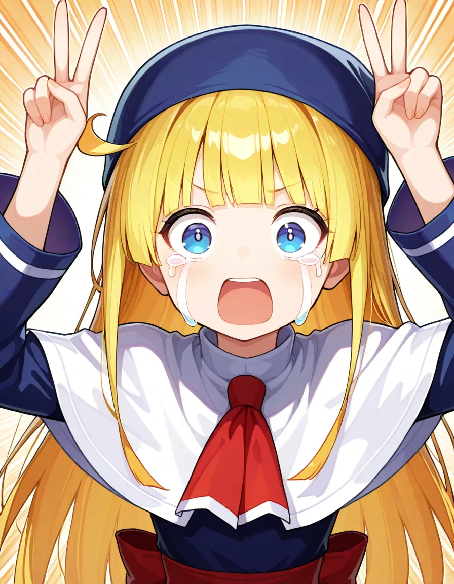 <lora:witchPF_SDXL_Illustrious01_fp16_ver01:1>,witchPF, 1girl,blonde hair,blue eyes,long hair,blunt bangs,ahoge,blue hat, dress,red sash, capelet,long sleeves,emphasis lines,wide-eyed,open mouth,streaming tears,peace_sign, masterpiece, best quality, very aesthetic, absurdres,<lora:detailed_hands:1>,hand