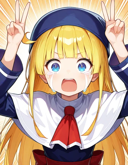 <lora:witchPF_SDXL_Illustrious01_fp16_ver01:1>,witchPF, 1girl,blonde hair,blue eyes,long hair,blunt bangs,ahoge,blue hat, dress,red sash, capelet,long sleeves,emphasis lines,wide-eyed,open mouth,streaming tears,peace_sign, masterpiece, best quality, very aesthetic, absurdres,<lora:detailed_hands:1>,hand