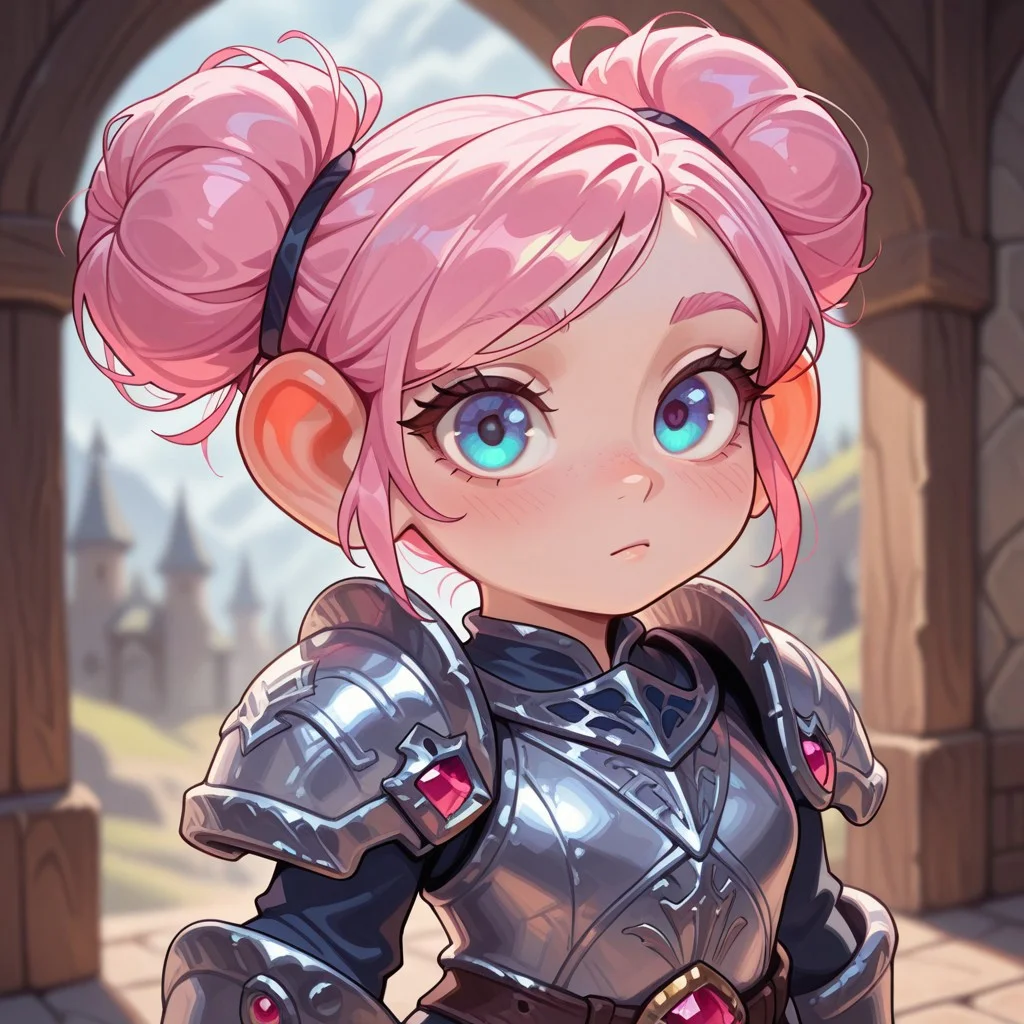 masterpiece, best quality, amazing quality, very aesthetic, solo, upper body,
gnome, short stature, shortstack, big eyes, big ears,
1 girl, female focus, pink hair, 2bun hairstyle , blue eyes, silver armor,
looking at the viewer, posing,
fantasy background, blurred background,