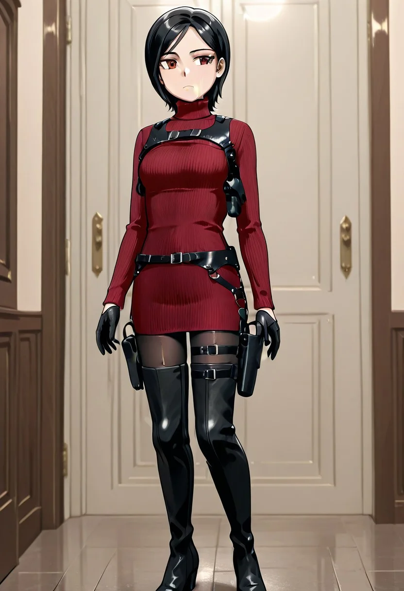 adawongre4, black hair, brown eyes, turtleneck, sweater, harness, belt, gloves, holster, thighhigh boots, pantyhose, Xierra099 style