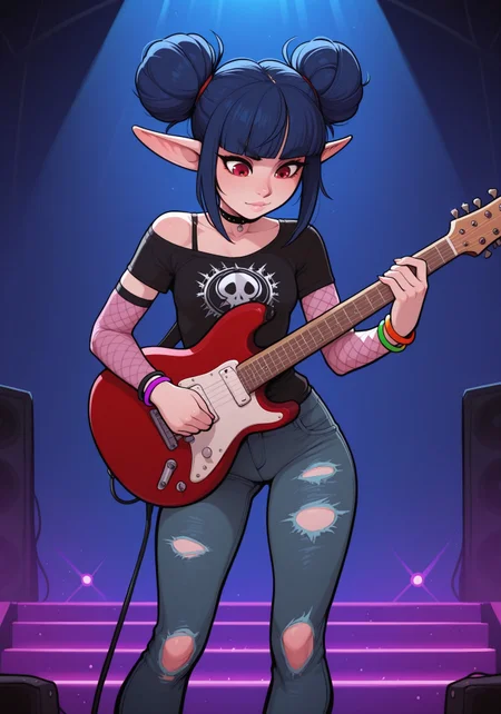 masterpiece, best quality, amazing quality, very aesthetic, absurdres, 5p4rr0w, artist style, solo, 1girl, female focus, lineless, incoth, (incase:0.6), indoors, concert, tall stage platform, lightshow, electric guitar, guitar amp, punk elf, dark blue hair, red eyes, cute face, slim, small breasts, double buns, blunt bangs, beautiful, kawaii, (short ears), concert, black shirt with fishnet arms, ripped jeans, colorful bracelets, playing guitar, high stage, dynamic pose, close up,