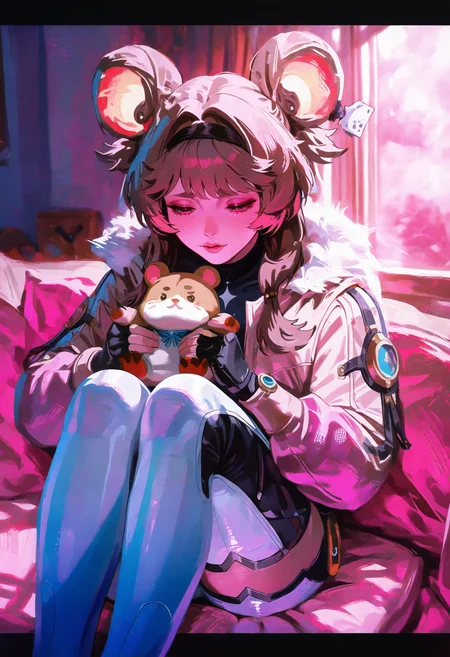 aestx, solipsist, brushstroke \(medium\), realistic, year 2024, year 2023, depth of field, dithering, indoors, close-up, face focus, eye focus, blurry background, blurry edges, pink theme, letterboxed,
1girl, solo,
lumi_(wuthering_waves), fingerless gloves, fur trimmed jacket, mouse ears, brown hair, white bodysuit, single leg bodysuit,
sitting, legs together, knees to chest, holding, holding stuffed toy, stuffed hamster, multiple stuffed toys,
three quarter view, half-closed eyes,
masterpiece, best quality, amazing quality, absurdres, newest, sfw,
<lora:10_AESTX:1>,
<lora:LumiNoob:1>,
<lora:spo_sdxl_10ep_4k-data_lora_webui:0.75>,
<lora:NOOB_EPSv1_1_detailer_by_vlnvk_v1_0:0.65>,
<lora:ponyv5_noobE11_1_adamW:0.4>
