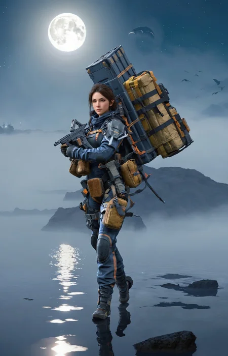 a lovely fascinated girl carries a sizable cargo while wielding a firearm, encapsulating the game's unique blend of isolation and combat., a vast, A moonlit lake, with fog rolling over the water and mysterious shapes beneath the surface sky ,moon just appeared ,Command base in background, a girl wearing with armor,weapon, headgear,motocycle bpk, backpacker, <lora:BPKXLV1-000003:0.8>