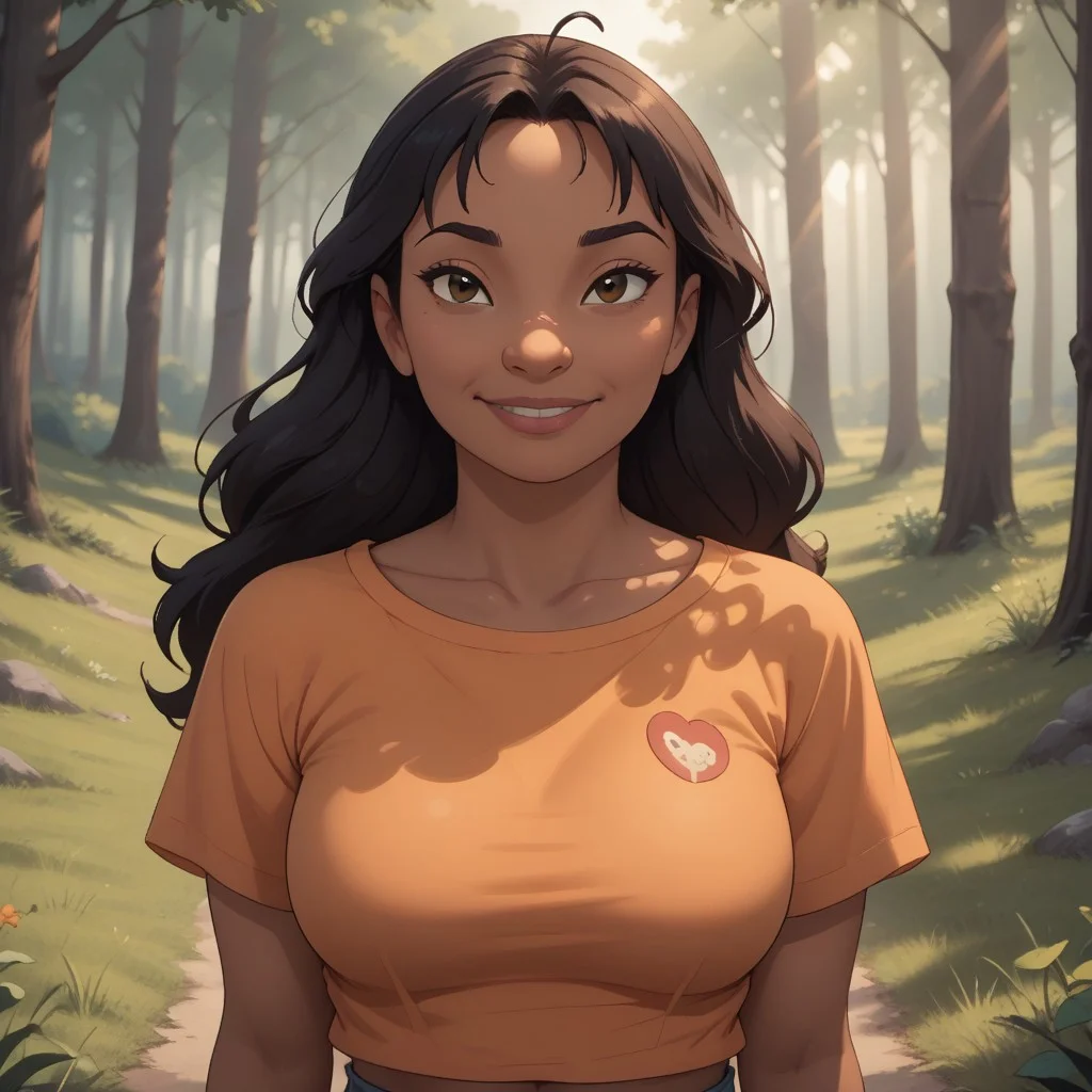 score_9, score_8, BREAK, solo, Nani_Pelekai_(Lilo_and_Stitch), adult female, mature female, dark skin, dark skin female, black hair, long hair, bangs, brown eyes, breasts, orange midriff, navel, short sleeves, single heart print, demin shorts, green shoes, self portrait, smile, looking at viewer, outdoors, sunlight, shadows, evening lighting, natural lighting, forest, trees, grass, orange sky, sunset