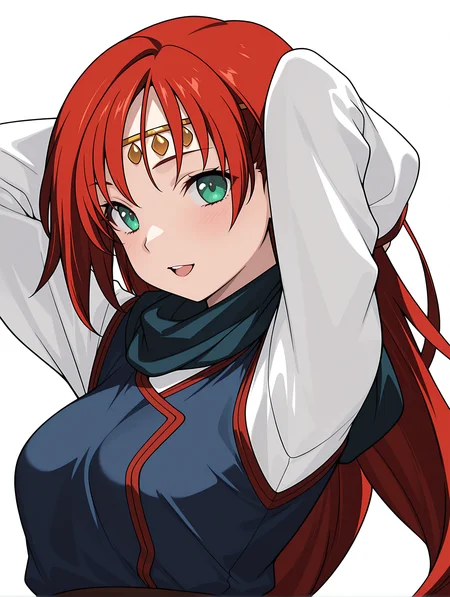 masterpiece,best quality,newest,1girl,solo,
<lora:elenoa_ilxl_v3.1:1>,elenoa,red hair,very long hair,green eyes,e_circlet,e_02clothes,long_sleeves,white sleeves,blue clothes,
<lora:Fixhands_anime_bdsqlsz_V1:1>,light_blush,white_background,simple background,standing,(face_focus:1.2),looking_at_viewer,smile,:o,dynamic_angle,upper_body,profile,hand_in_hair,